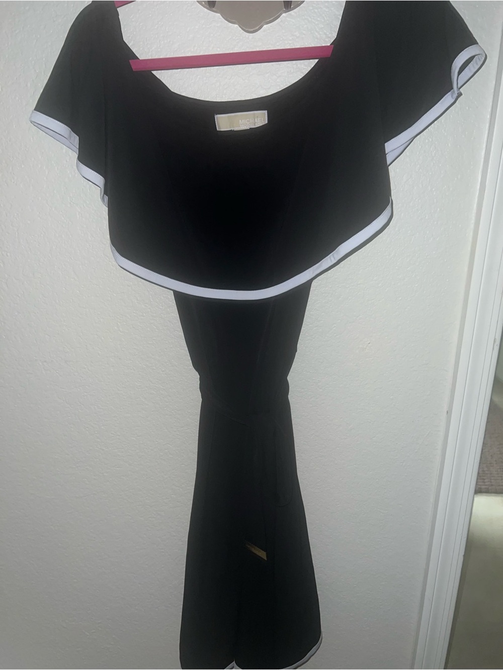 Michael Kors Black Off-Shoulder Midi Dress with White Trim